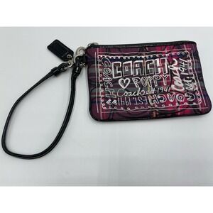 Coach Poppy Tartan Plaid Wristlet Wallet Zip Pink Purple Graffiti Logo Hearts